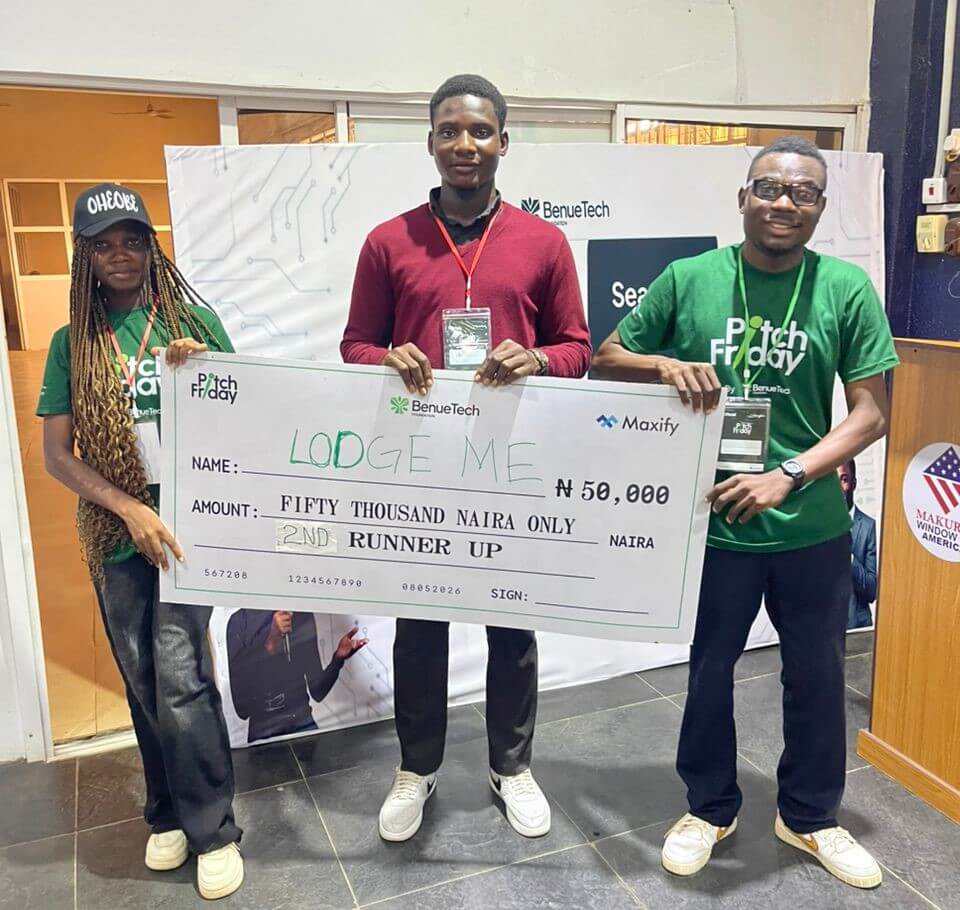 LodgeMe receiving the Second Runner-Up award at BenueTech Pitch Day